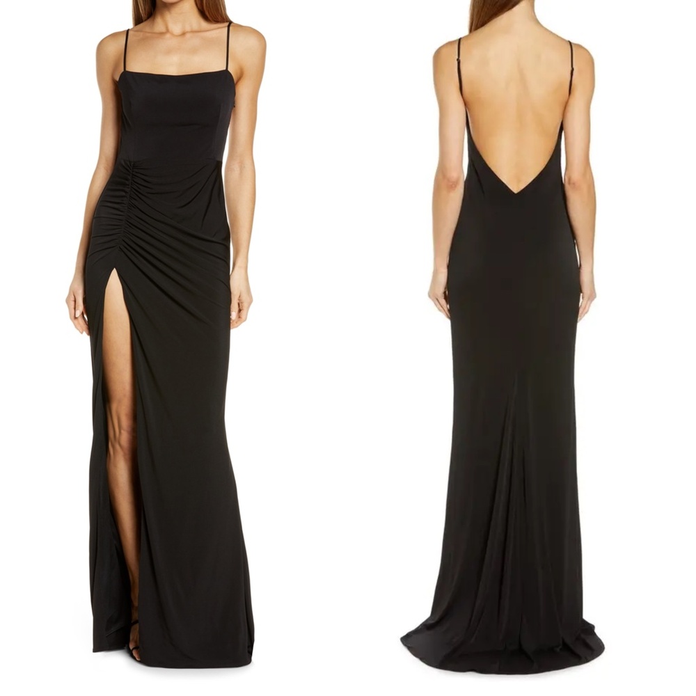 Katie May Black Spaghetti Strap Maxi Dress with Side Ruched Slit